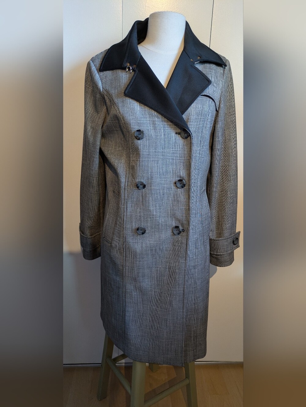 Plaid Double-Breasted Trench Coat with Black Contrast Collar